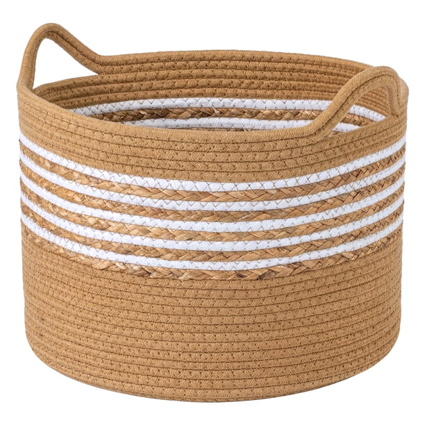 REGALWOVEN 1 Pcs Cesta de Almacenamiento Tejida, Caja de Almacenamiento para Estante y Armario para Mantas, Ropa, Caja Organizadora con Asas para Sala de Estar Marrón Claro 17.7*17.7*12.6in