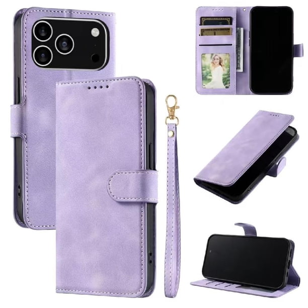 Funda Cartera para iPhone 17 Pro Tapa con Ranuras, Soporte y Correa Morado