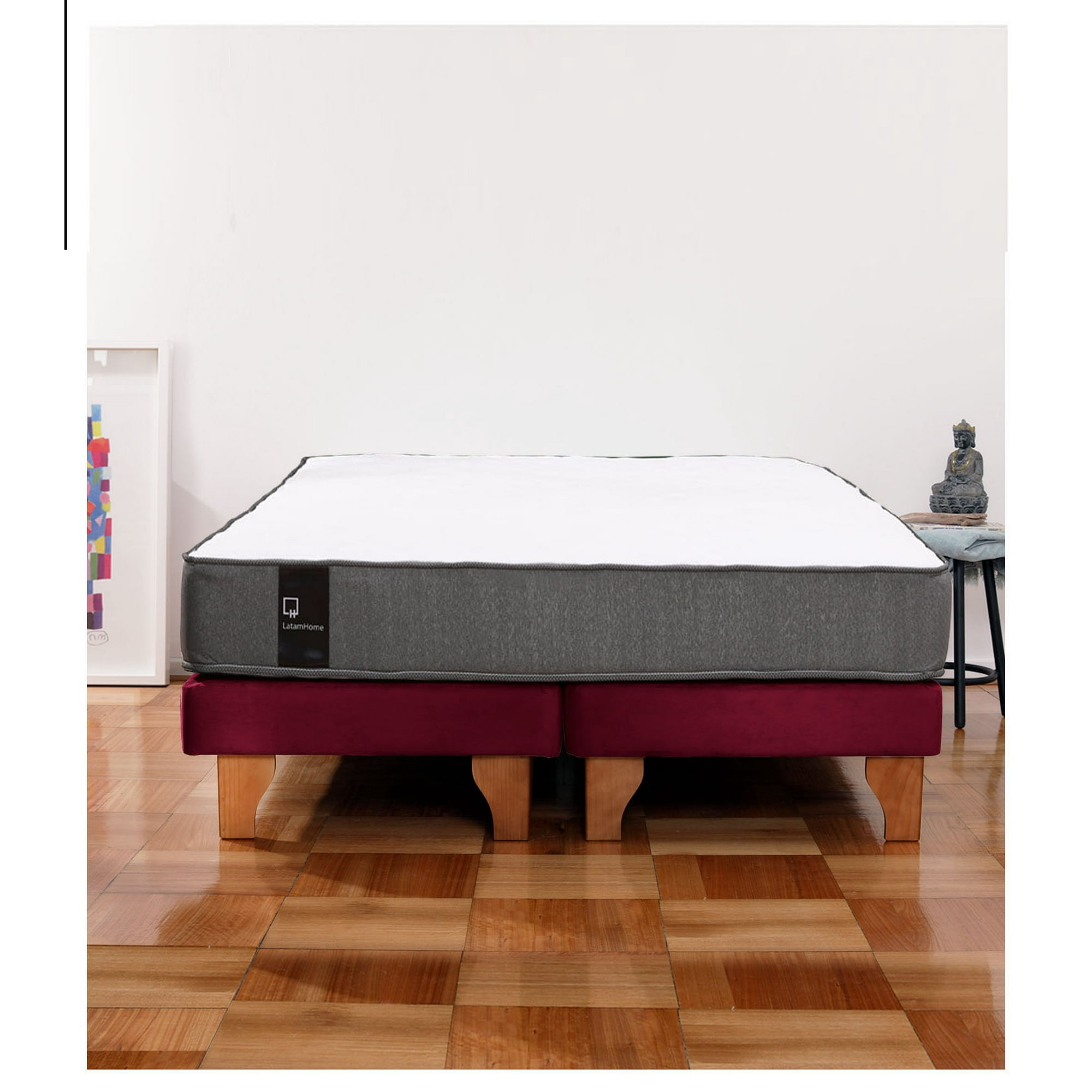 Latam Home - Cama Europea Zen Best 2 Plazas Colchon Resortes Base Dividida Tela Burdeo