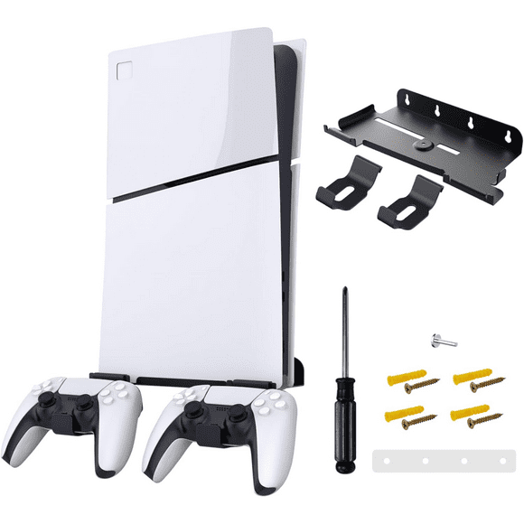 PS5 Slim Wall Mount, PS5 Slim Stand With 2 Removable Controllers Holders, Sturdy Floating Your New PS5 On Wall With Screw Fixing, PS5 Wall Mount Kit Behind TV, PS5 Slim Gaming Shelf For Wall-Negro