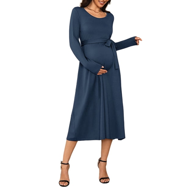 INSPIRE CHIC Vestido de Maternidad para Mujeres de Manga Larga con Cuello Cuadrado, Tejido Midi, Cintura con Lazo, Casual para Otoño e Invierno, Tallas Grandes 2XL Azul Marino