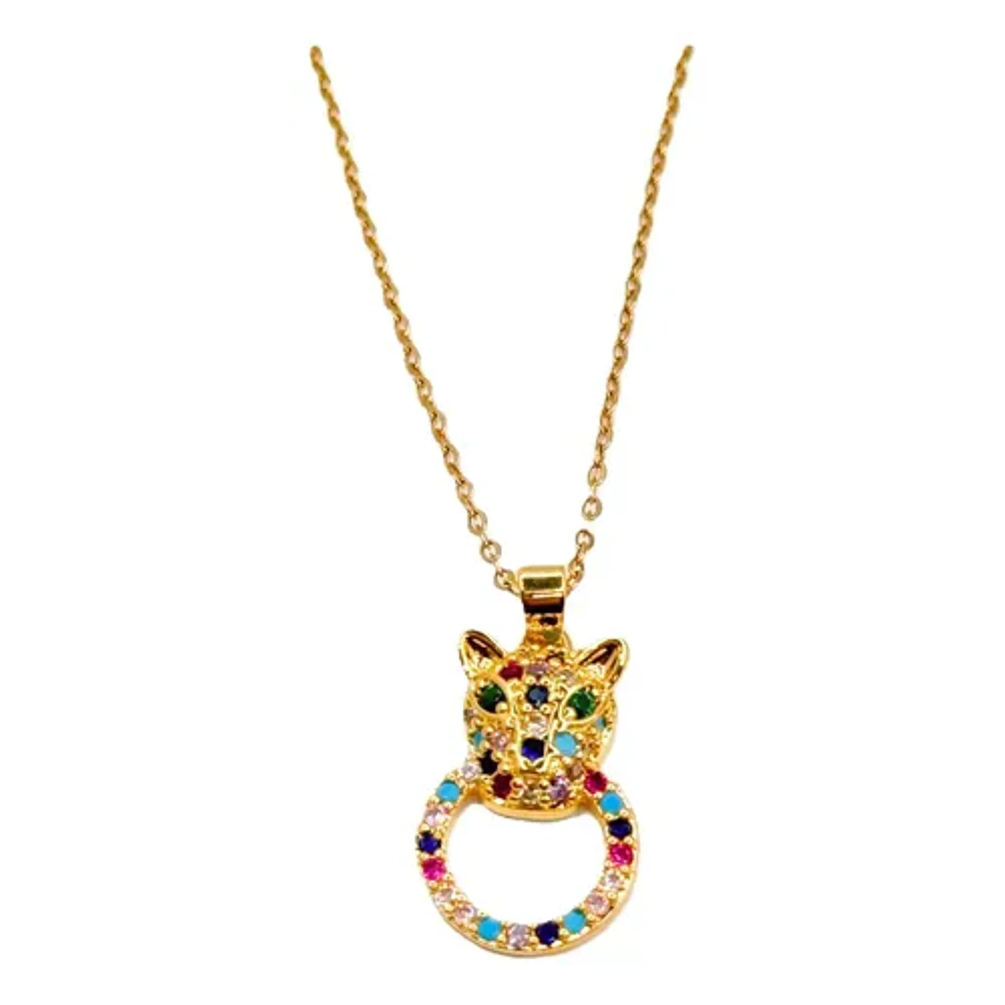 Marca - Collar Cabeza De Leopardo, Circonitas Colores, Baño Oro 14k Dorado