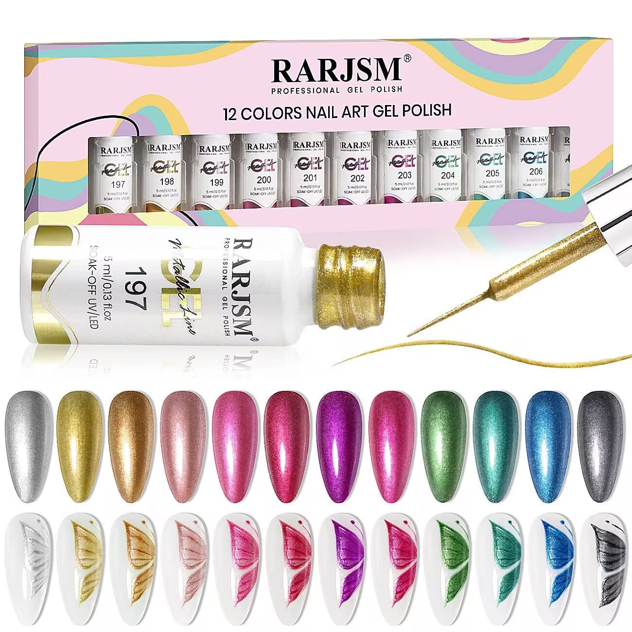 Set De Esmaltes De Uñas En Gel Rarjsm Metallic Liner, 12 Colores, 5 Ml, Uv/led