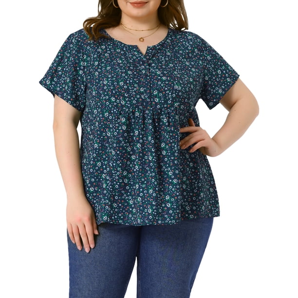 Agnes Orinda Blusas Casuales de Manga Corta con Tapeta Floral para Mujer de Talla Grande, Talla 4X, Azul Oscuro