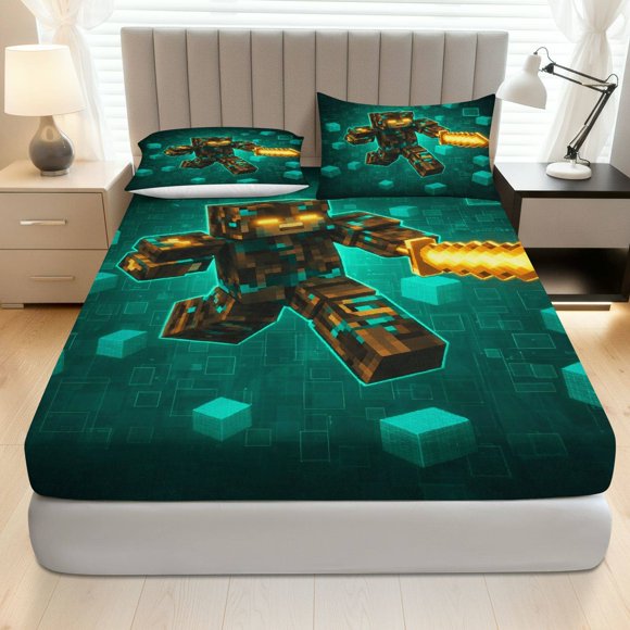 Gamer Adventure Pixel Fitted Sheet Three Piece Set Holidays Theme, Gaming Bedding Set, Mattress Protector Soft, Breathable