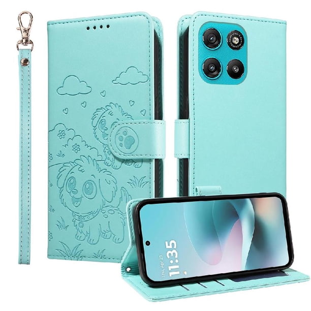 Funda Cartera para Motorola Moto G57/G57 Power Perro Cachorro Grabado con Tarjetas Soporte Correa Verde