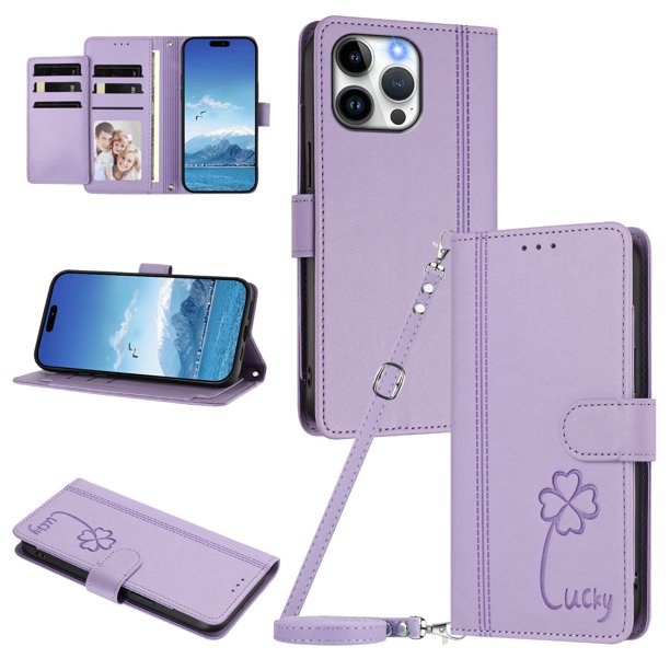 Funda Cartera Trébol para iPhone 14 Pro Max con Ranuras Tarjetas y Carga Inalámbrica Morado claro