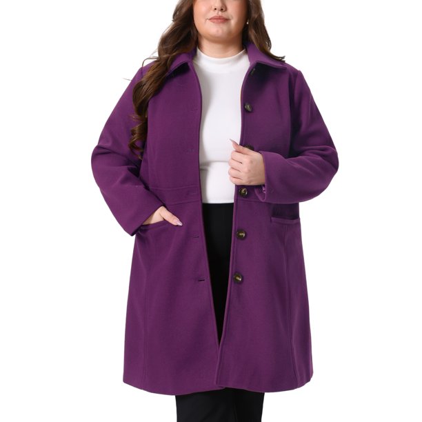 Abrigo de mujer talla grande Agnes Orinda, sólido, con botones, largo, para otoño e invierno, con bolsillos, 1X, púrpura