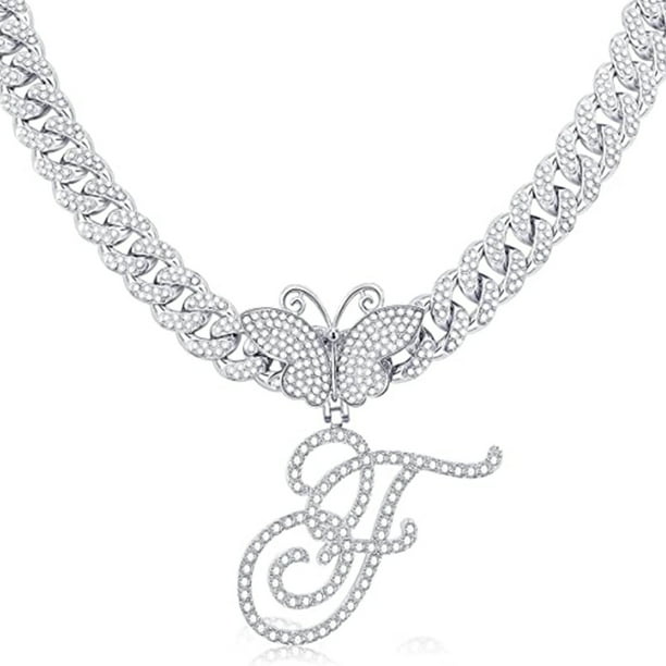 Stylish Hip Hop Cuban Butterfly Necklace with White Letter Initials