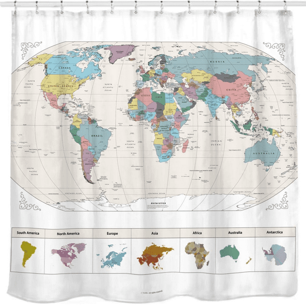 Mapa del mundo con ciudades principales detalladas, cortina de ducha de tela repelente al agua sin PVC, no tóxica e inodora, decoración grande para el hogar. Cortina de ducha con diseño de la Tierra,