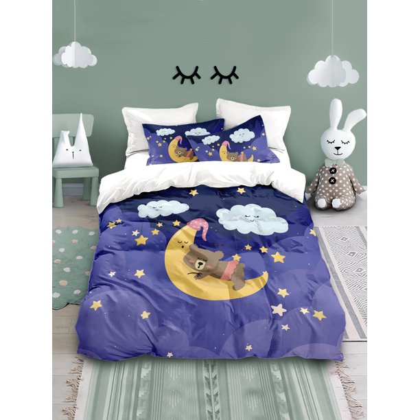 x367 Bed SheetsDuvet Cover Set ,Cartoon Bear Sleeping in the clouds Series Theme Print Bedding Set ,Comforter Set for Girls Bedroom 3-Piece Bedding Set (1 Duvet Cover + 2 Pillow Shams) nj367