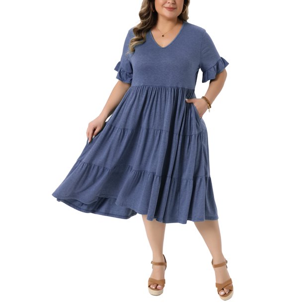 Agnes Orinda Vestidos de Muñeca para Mujer Talla Grande Escuela Colegio Cuello en V Manga con Volantes Verano Vestido con Vuelo en Capas con Bolsillos 2X Azul Marino