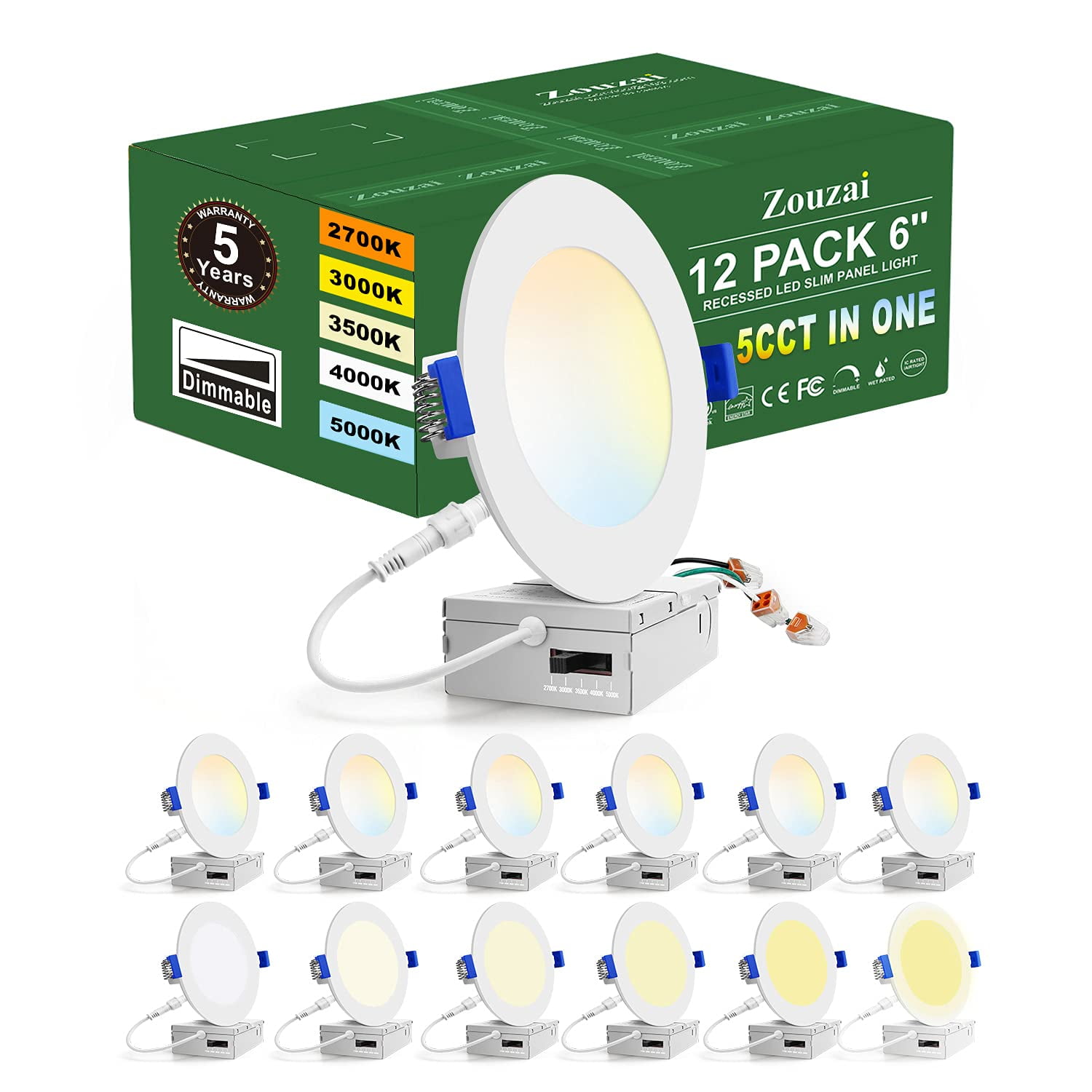 Luminaria Zouzai De 6" 12 Unidades, Panel Led Delgado Regulable 5cct