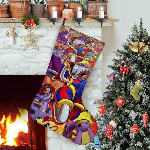 El Asombroso Circo Digital Tema: Calcetines de Navidad, fino lino blanco para colgar en escaleras y chimenea, decoración navideña para el hogar, regalo de Navidad. 45cm × 32cm