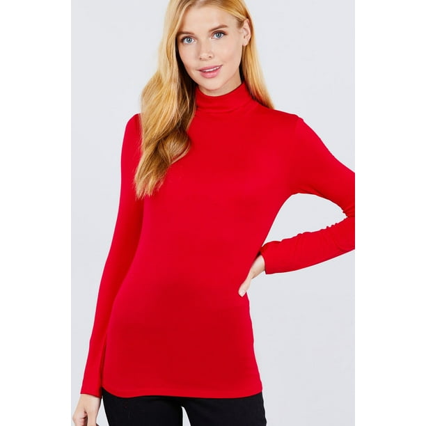 Saronite Camiseta Básica de Punto de Rayón con Cuello Alto y Manga Larga, Color Rojo Clásico (para Mujer)