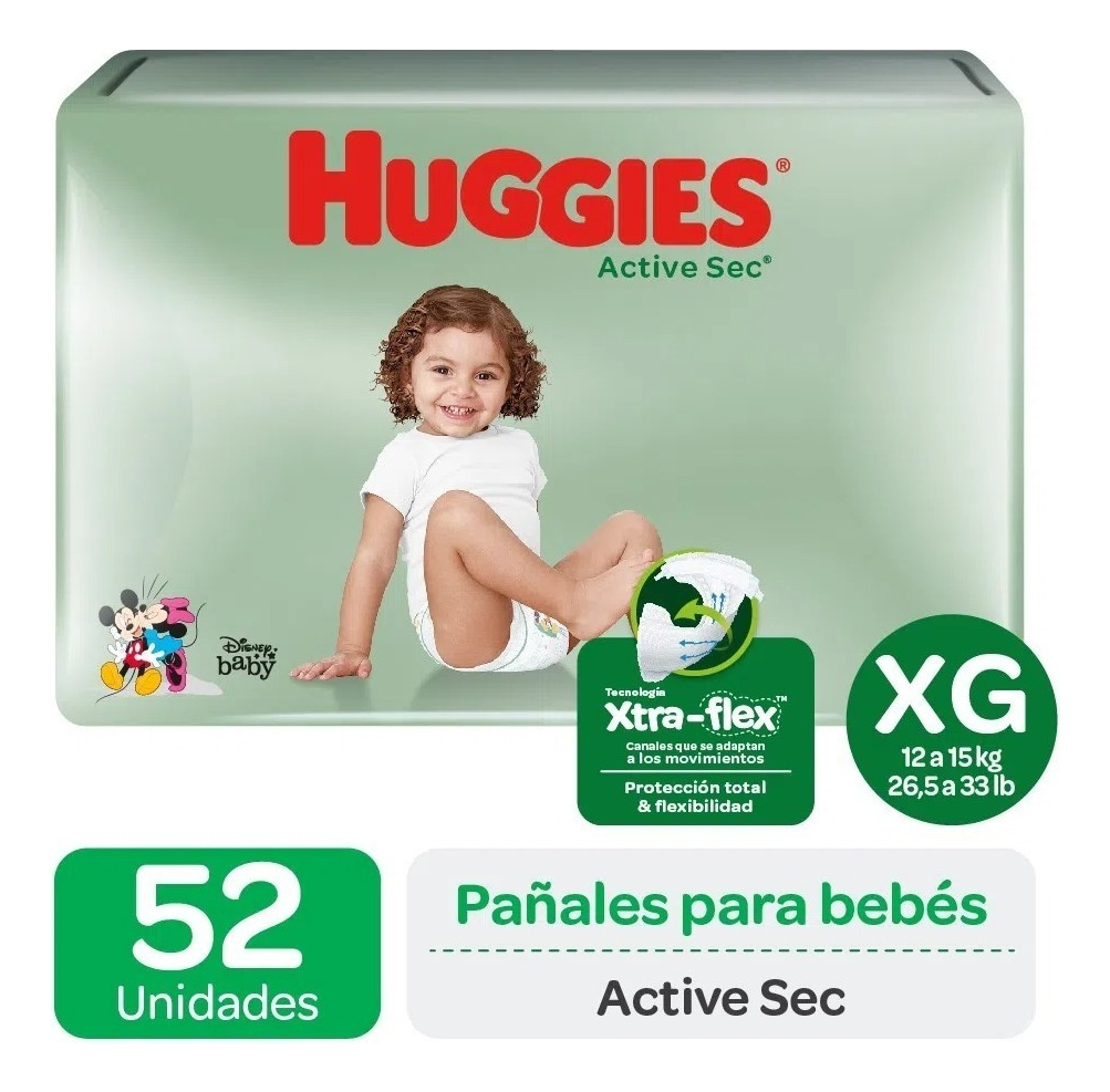 Kimberly Clark - Pañal Desec Huggies Active Sec Talla Xg 52 Un (12 A 15 Kg)