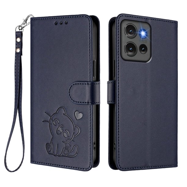 Funda Billetera con Relieve de Gato para Motorola Edge 50 5G, Azul