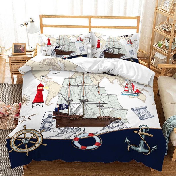 Ocean Pirate Adventure Quilt Duvet Cover Set Kids Double Home Textiles3-Piece Bedding Set