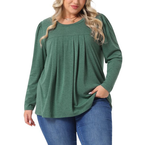 Agnes Orinda Ropa de Halloween para Mujeres de Talla Grande Blusas de Manga Larga Elegantes con Cuello Redondo Plisado Camisas Sueltas Casuales 2X Verde