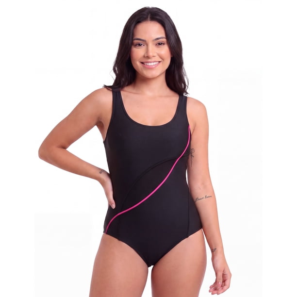 Traje de Baño Deportivo Natación con Estilo Líneas Fucsia Talla S