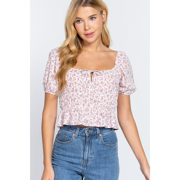 Top Corto Tejido con Estampado Fruncido