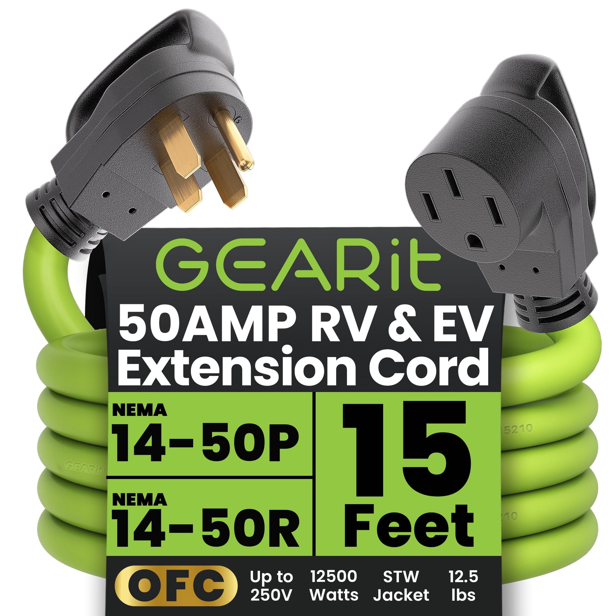 Cable De Extensión Gearit, 50 Amperios, Rv/ev, 15 Pies, 4 Puntas, 250 V, Resistente Al Agua