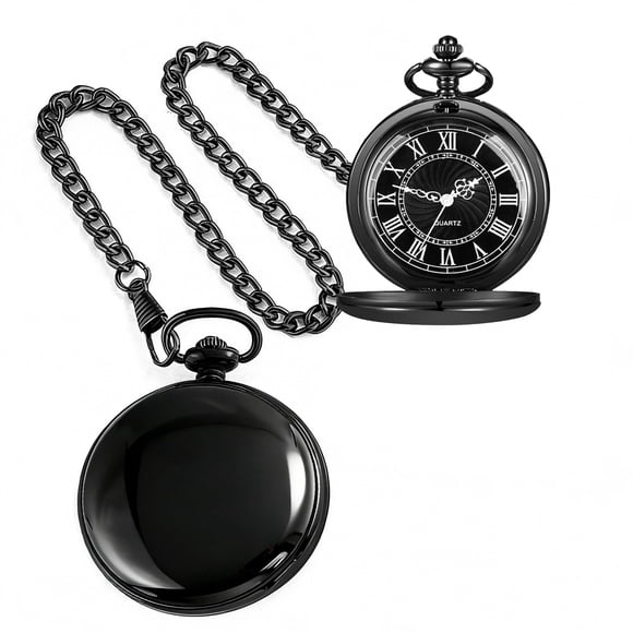 Reloj de bolsillo Alwesam negro de acero liso y cuarzo con cadena de 37 cm