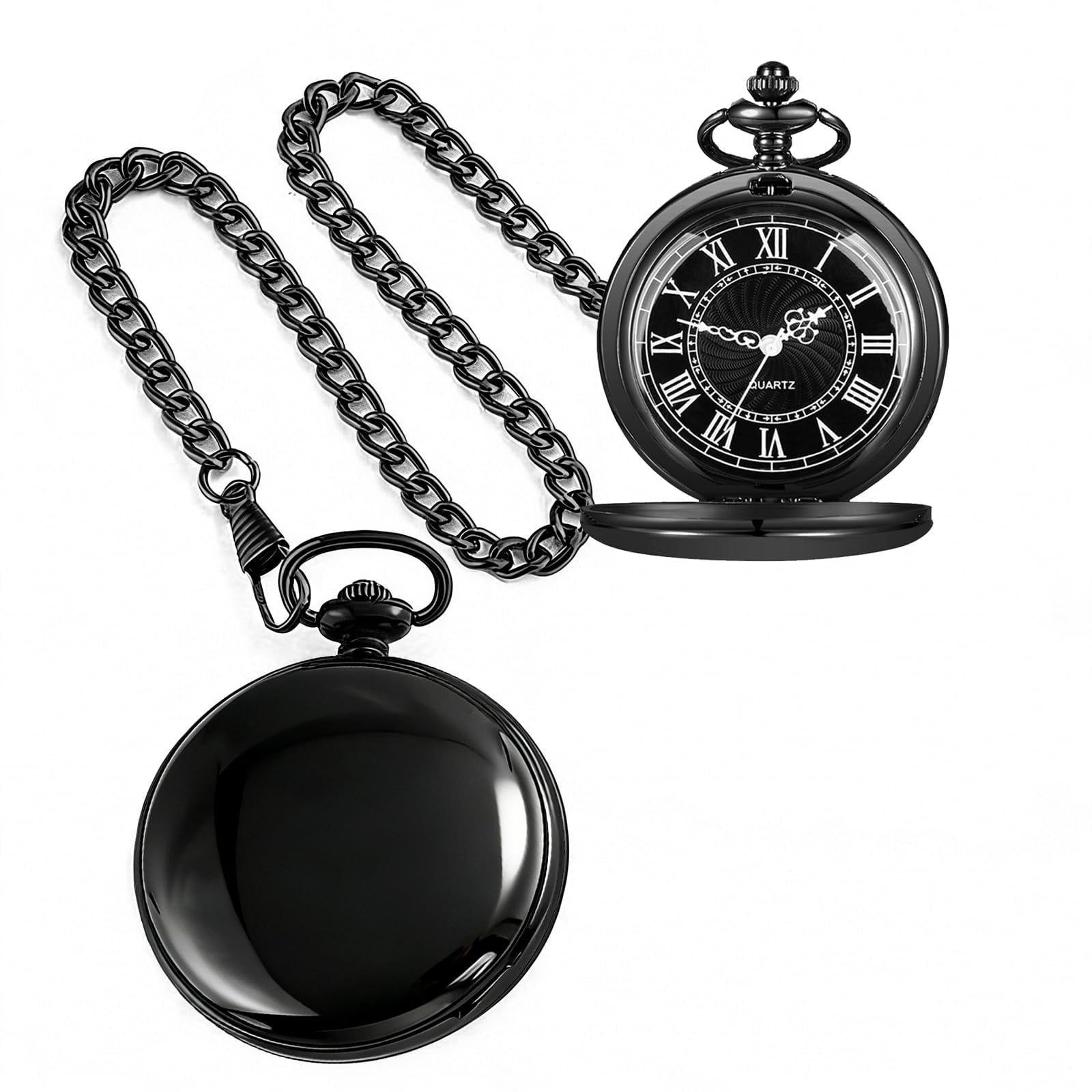 Reloj De Bolsillo Alwesam Negro De Acero Liso Y Cuarzo Con Cadena De 37 Cm