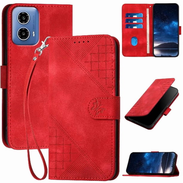 Funda Flip Premium Fibra de Carbono para Motorola MOTO G45 con Soporte y Cierre Rojo