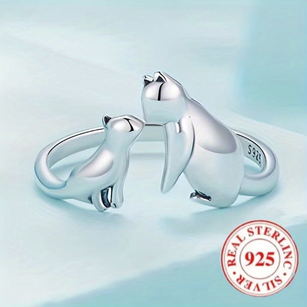 925 Sterling Silver Kissing Cats Pattern Cuff Ring For Girls Cute Animals Pets Ring Adjustable Open Ring Kids Accessories