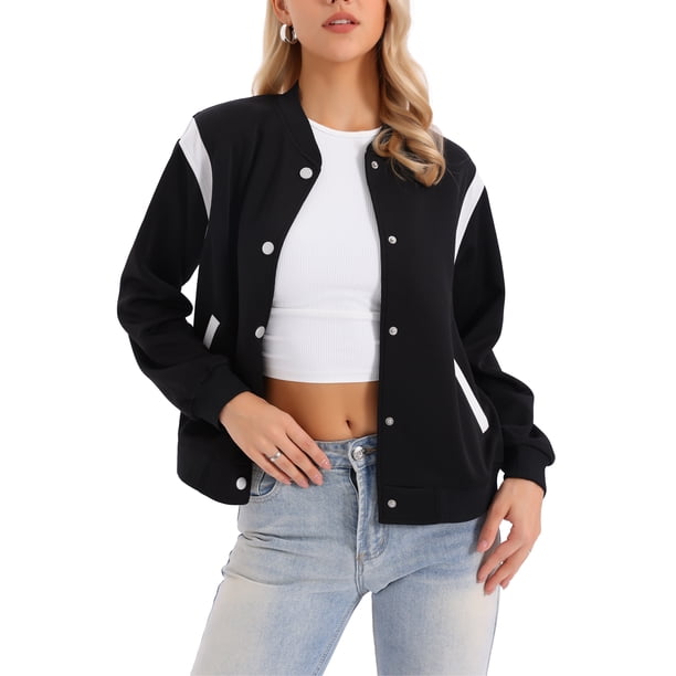 Chaqueta Bomber Mujer Casual Abotonada Chaqueta Varsity de Béisbol Ropa Escolar Abrigos de Otoño Ropa de Moda 2025 S Negro