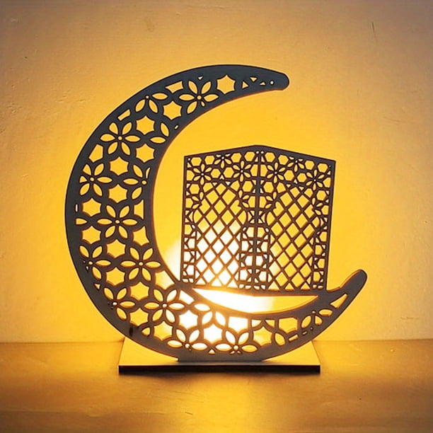3D Wooden Handmade Moon Star LED Lights - Perfect Ramadan Kareem Ornament for Muslims, Eid Crafts, Home Decor & Themed Parties
