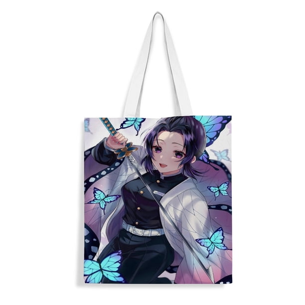 Kochou Shinobu Bolso de tela con estampado de lienzo para mujer, bolsa de compras reutilizable y estética, con cremallera interior, regalo para mujer,40*45cm.