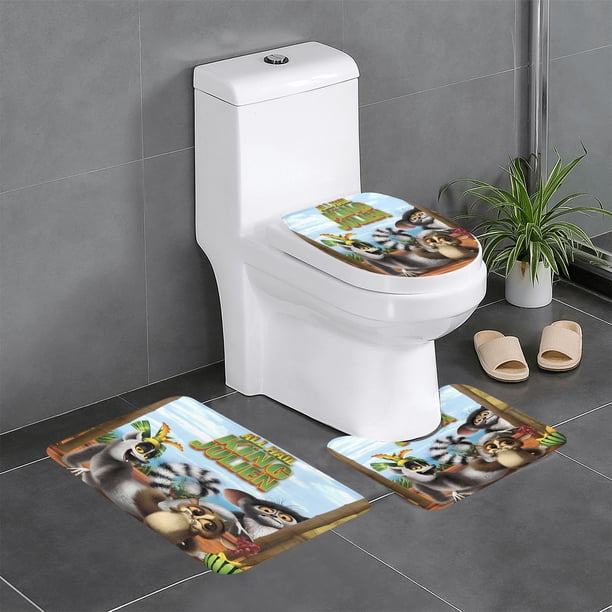 ¡Viva el Rey Julien! Juego de 3 alfombras de baño de coral fleece: tapete de baño + alfombra de inodoro en forma de U + funda de tapa de inodoro en forma de O