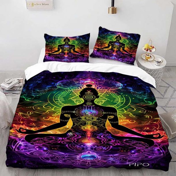 Meditation Humanoid Chakra Printed Duvet Cover Set Themed Bedding Three-Piece Set with Pillowcases Soft and Comfortable for All Seasons