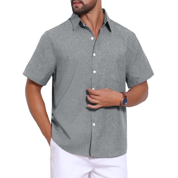 INSPIRE CHIC Camisas de Hombre de Regreso a Clases de Lino Liso con Bolsillo en el Pecho y Manga Corta con Cuello de Color Contrastante S Gris