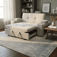 Camila Home - Sofá Cama Elite 2 Plazas 185 Cm Gris Claro Lino Repelente Con Baúles, Portavasos Y Puffs