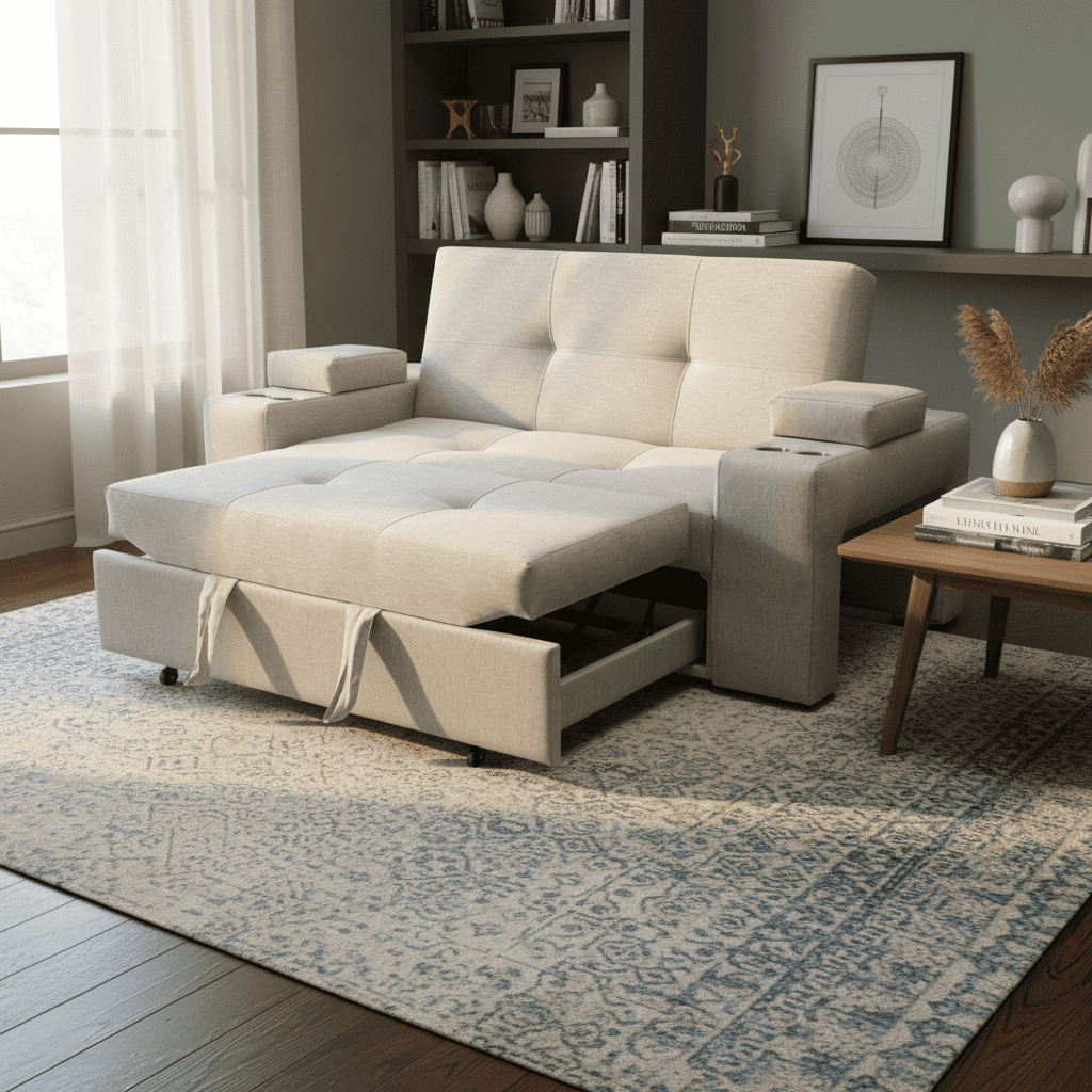 Camila Home - Sofá Cama Elite 2 Plazas 185 Cm Gris Claro Lino Repelente Con Baúles, Portavasos Y Puffs