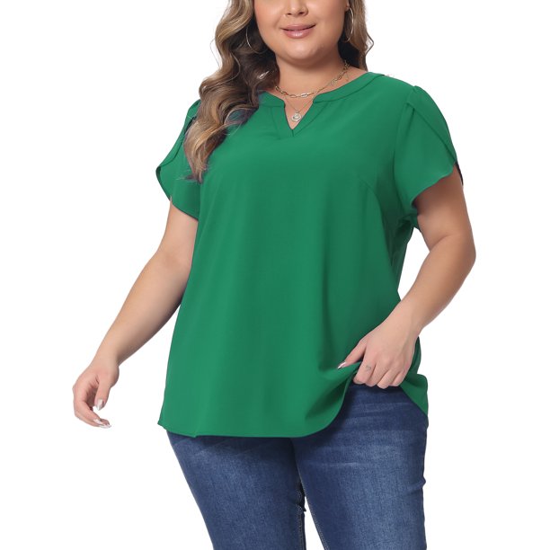 Agnes Orinda Blusas de Talla Grande para Mujer con Cuello en V Entallado, Mangas Cortas de Pétalo, Camisas Casual 4X Verde Oscuro