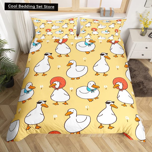 Cute Duck Duvet Cover Cartoon White Goose Bedding Set Funny Farmhouse Animal Comforter Cover Polyester Quilt Cover Bed Sheets