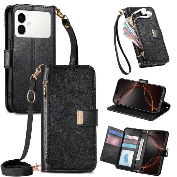Funda tipo cartera de piel sintética FOXDOCK para Samsung Galaxy S26 Edge – Resistente a golpes y a las interferencias RFID – Correa de mano larga negro