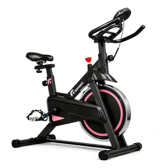 Bicicleta de Spinning Fija Estática Silenciosa Ajustable con Monitor Digital Cardio Fitness Hogar Entrenamiento Resistente Asiento Regulable Ejercicio Indoor Uso Diario Color Rosa