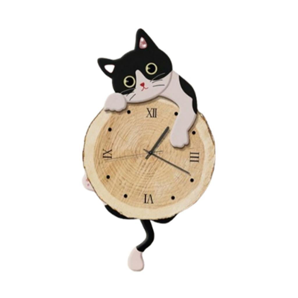 Bothyi - Reloj De Pared Con Diseño De Gato, Decorativo, Para Habitación Infantil, Color Blanco Y Negro