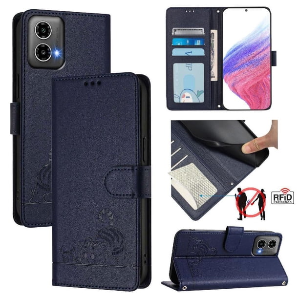 Funda tipo cartera FOXDOCK para Motorola Moto G34 5G con soporte, ranuras, RFID, diseño de gato