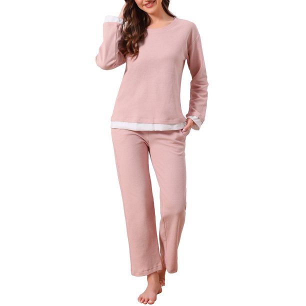 INSPIRE CHIC Pijamas de Algodón Waffle para Mujeres de Manga Larga con Pantalones Conjunto de Salón de 2 Piezas con Bolsillos M Rosa