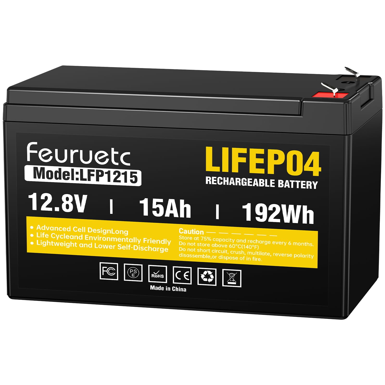 Feuruetc - Batería Feuetc 12v 15ah De Ciclo Profundo Lifepo4 3000+ Ciclos