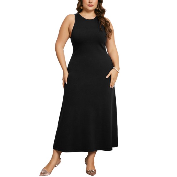 Agnes Orinda Vestido Suéter Talla Grande para Mujeres Cuello Redondo Sin Mangas Tejido Casual Vestido de Punto 4X Negro
