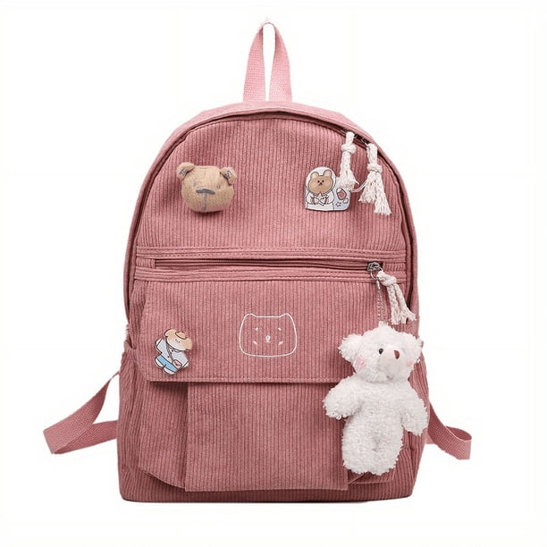 Kawaii Corduroy Backpack With Cute Bear Pendant, Preppy Style Laptop School Bag, Cute Cartoon Travel Bookbag