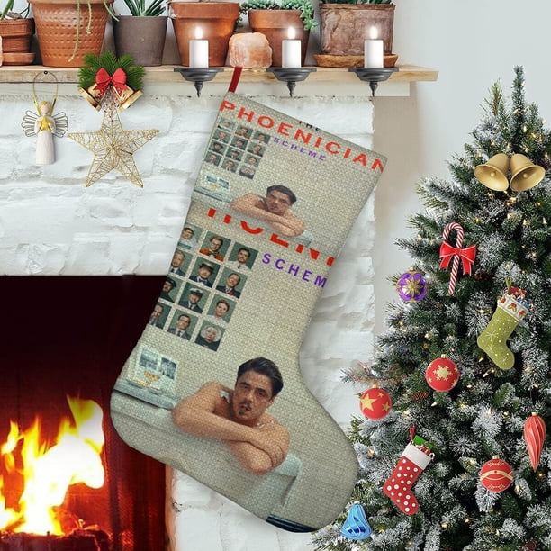 El Esquema Fenicio Tema: Calcetines de Navidad, fino lino blanco para colgar en escaleras y chimenea, decoración navideña para el hogar, regalo de Navidad.54cm×38cm