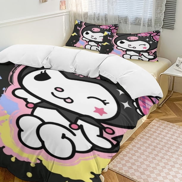 Kuromi Quilt Set Thicken Soft 3 Pieces Bedding Set All Season Duvet Cove with 2 Pillowcases for Adult Women Girls Teens Home Room Decor
